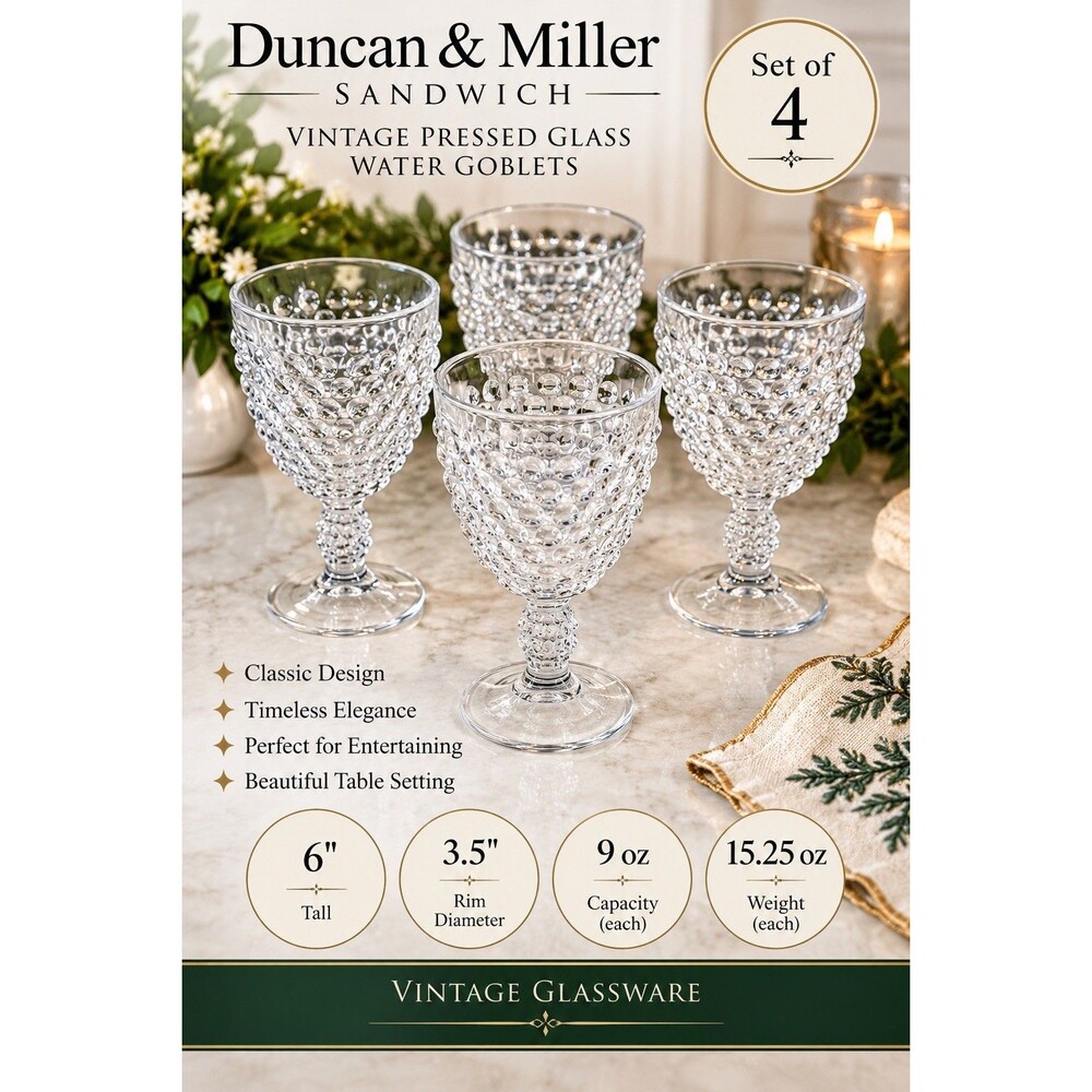 Vintage Duncan Miller Sandwich Glass Water Goblets Clear Set of 4-9 Oz 6 in